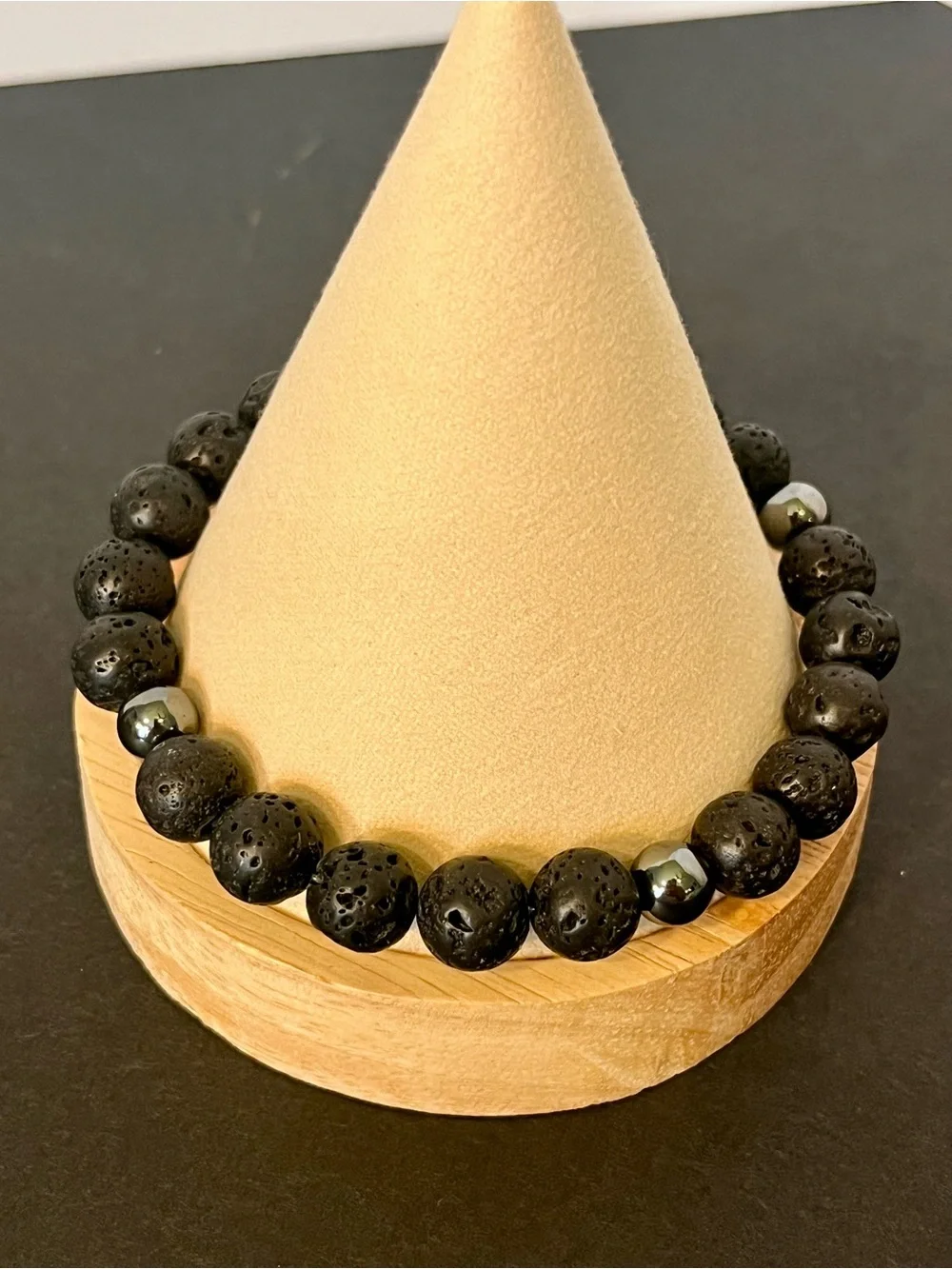 Extra Large Mens Black Lava Stone Beaded Bracelet with Hematite Accents